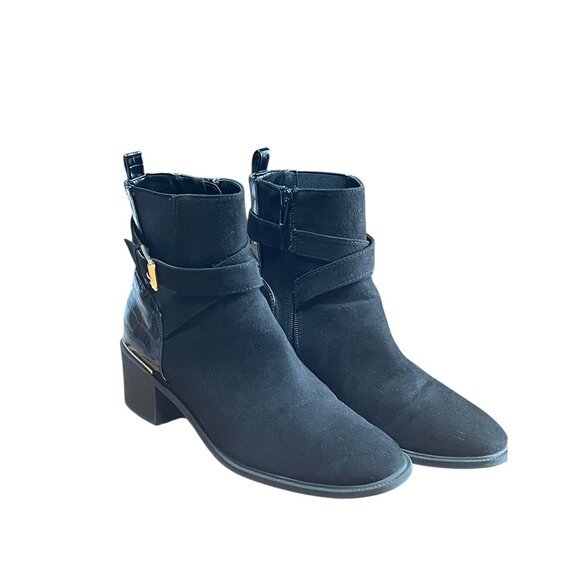 Black Faux Suede & Croc-Embossed Ankle Boots With Gold Accents  Size 7,5 M - Picture 2 of 13